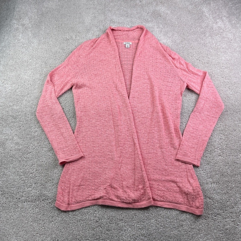 LL Bean Cardigan Women Medium Pink Cotton Pointelle Open Front Knit Sweater‎